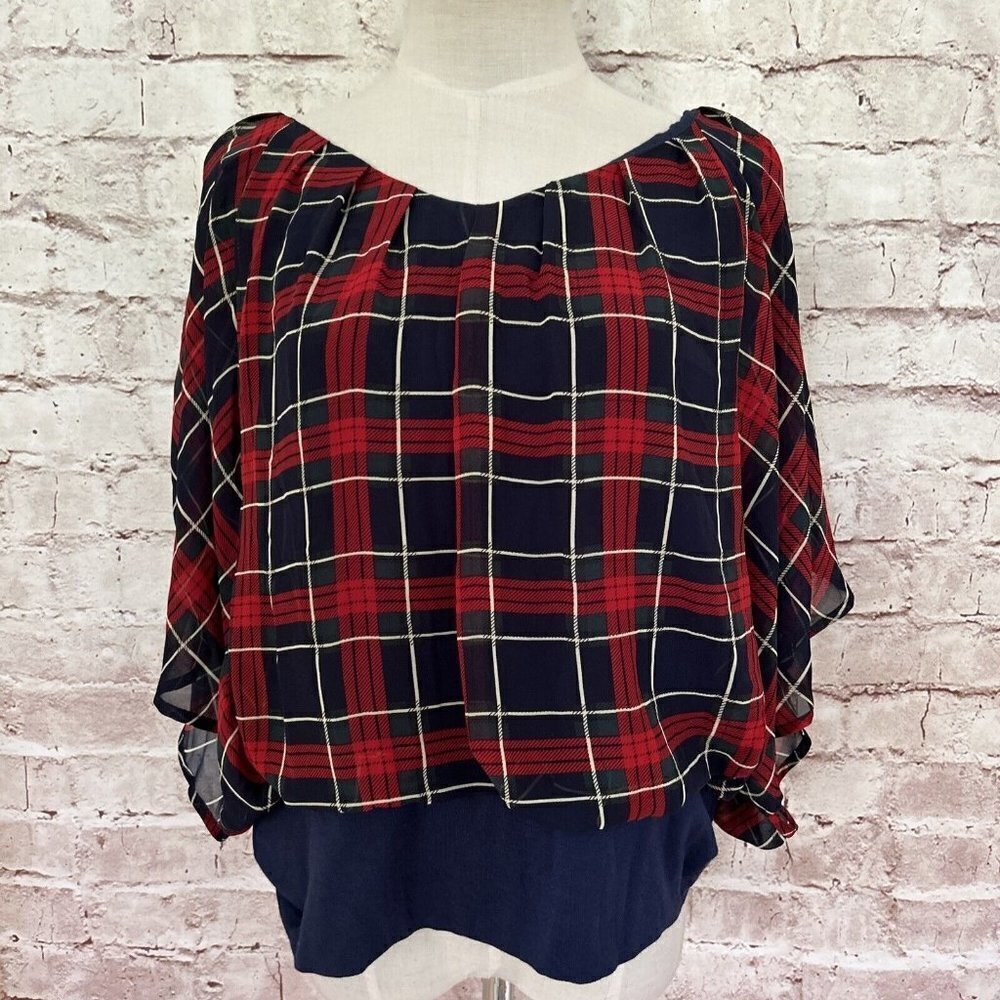 Joseph A. Petites PXL Plaid Sheer Layered Chiffon Popover Blouse NEW $58